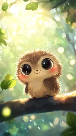 Luminescent forest perch with stylized wide‑eyed nestling character.