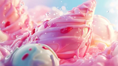 Pink melting ice cream swirls in glossy close-up scene.