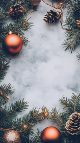 Photorealistic Christmas fir frame with copper ornaments.