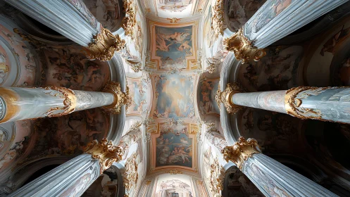 Baroque nave ceiling captured in dramatic vertical perspective