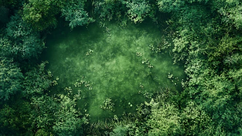 Aerial view of dense forest wetland with floating water plants and vegetation