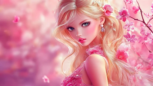 Blonde doll like girl gazes amid luminous pink blossoms