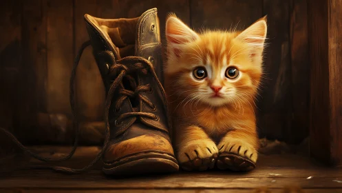 Ginger Kitten with Vintage Boot in Warm Studio Light.