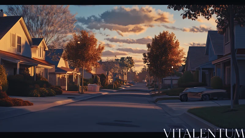 Sunset-lit suburban cul-de-sac with parked futuristic coupe