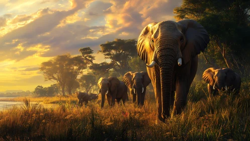Elephant herd walks through glowing golden riverside savanna.