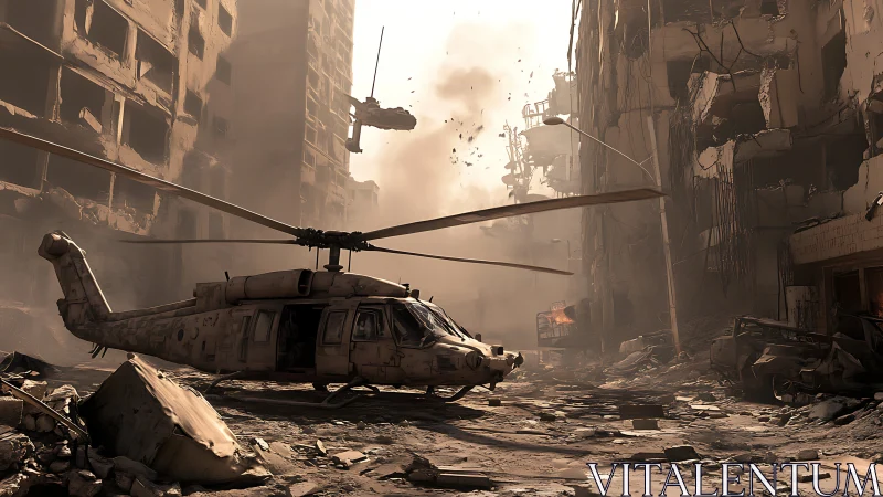 Tactical helicopter downwash in particulate urban ruinscape.