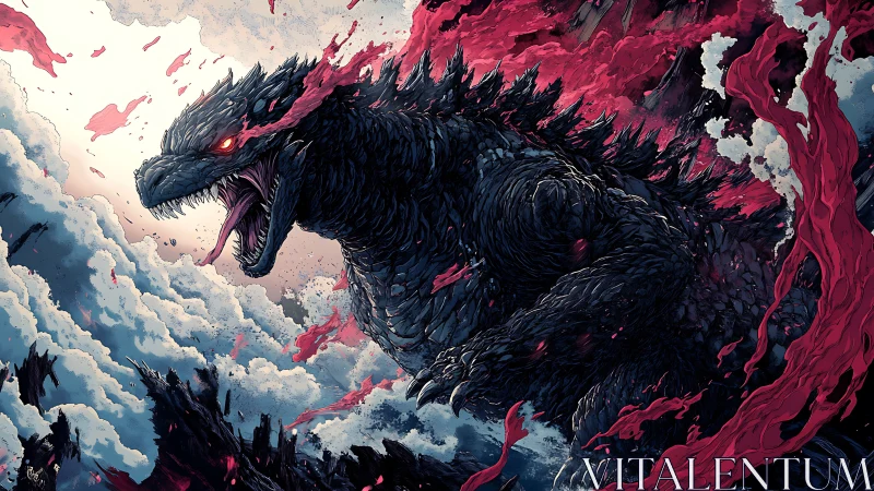 Godzilla roars amid storm clouds and red energy bursts