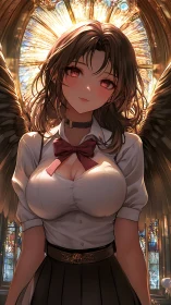 Winged anime girl stands before stained glass window halo