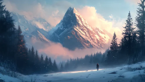 Solitary trekker in winter valley below alpenglow peak