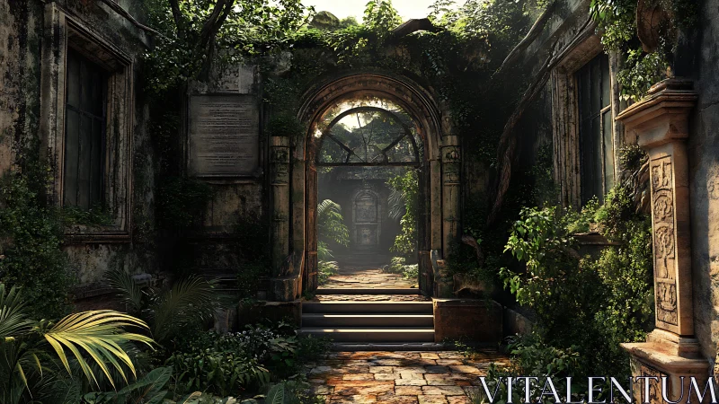 Overgrown stone corridor leading into sunlit ruins.