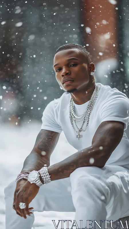 Cool confidence glows in a snowy city street portrait.