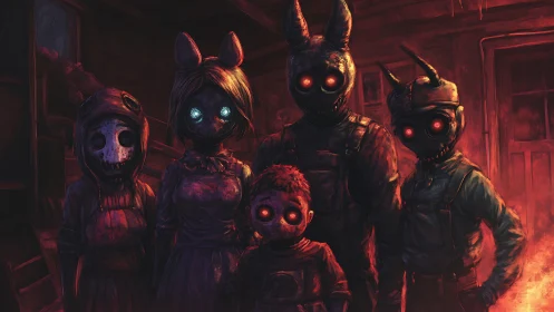 Masked humanoid figures stand in front of a burning structure