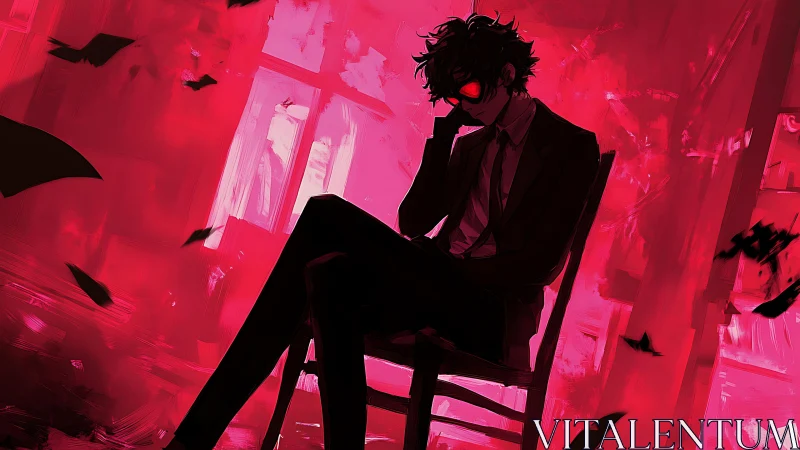 Silhouetted suited figure in red-lit room with dramatic chiaroscuro