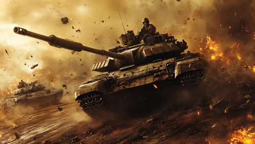 Main battle tank advancing through explosive battlefield scene.