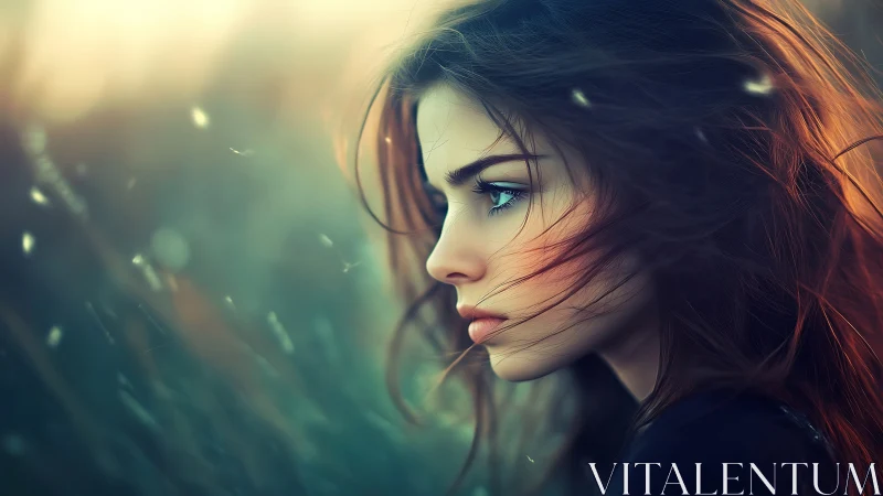 Wind-swept young woman gazes into soft golden distance.