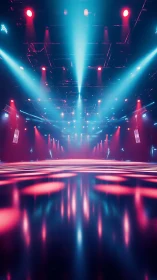 Neon stage with volumetric blue beams and magenta floor glow.