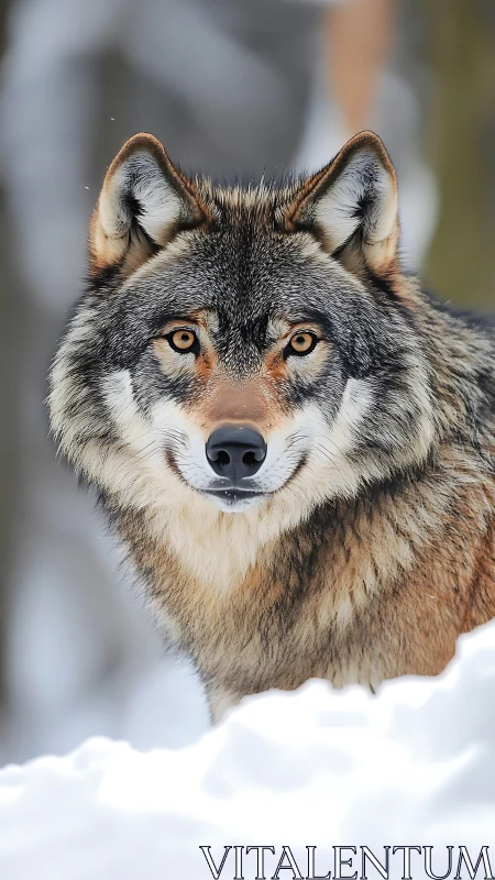 Winter wolf gazing softly through quiet falling snow.