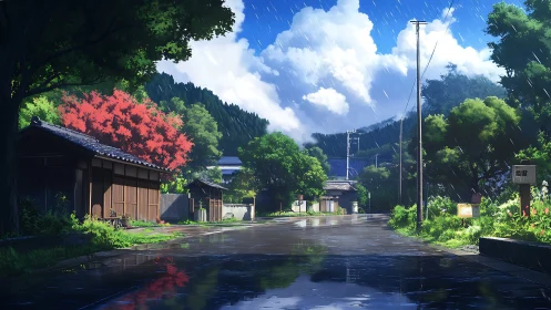 Quiet rural street in gentle summer rain afterstorm.