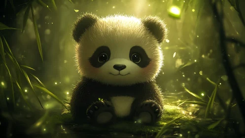 3D stylized baby panda in luminous forest clearing composition.