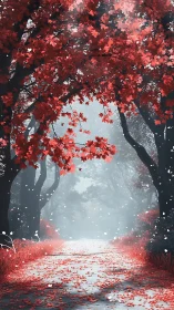 Crimson Canopy's Whispered Path Through Misty Enchantment.