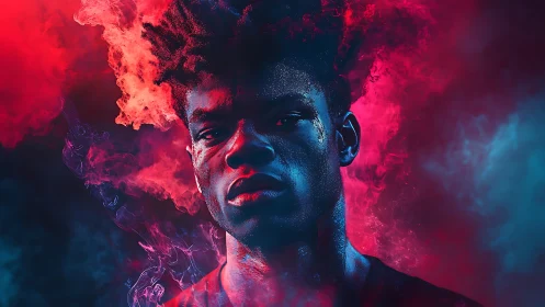 Portrait in red and blue vapor with contrasted lighting effects.