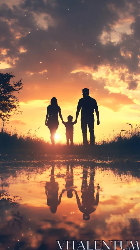 Sunset stroll with family and glowing sky reflections.