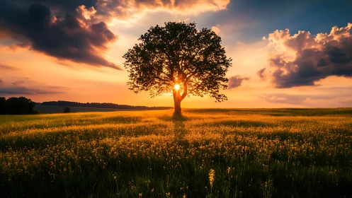 Solitary tree in open field against low evening sun.