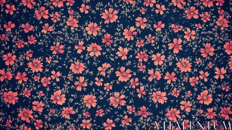 Coral cosmos blossoms scatter across deep navy textile field.