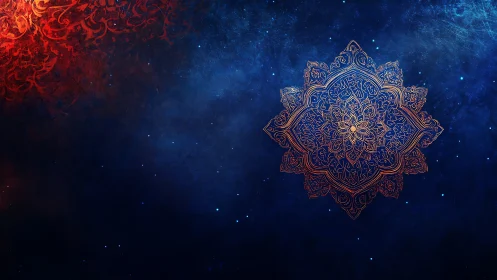 Ornate mandala motif floats on textured cosmic blue field