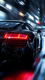 Black sports coupé on wet city street at night in motion.