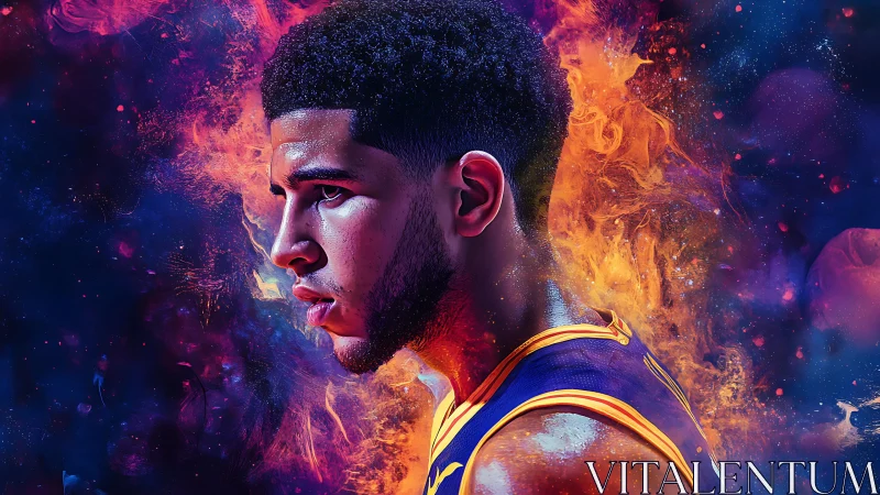 Intense basketball player portrait in fiery neon colors.
