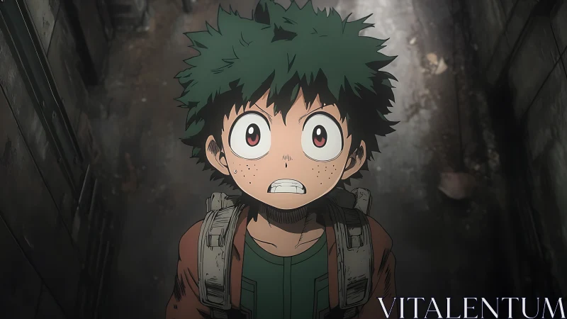 Anime corridor portrait with dramatic upward perspective framing.