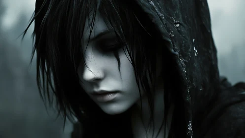 Hooded goth girl gazes downward under cold desaturated light