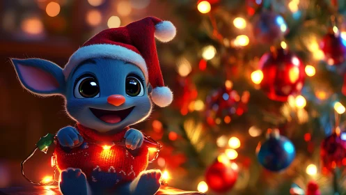 Bright-eyed blue creature celebrates a cozy Christmas night
