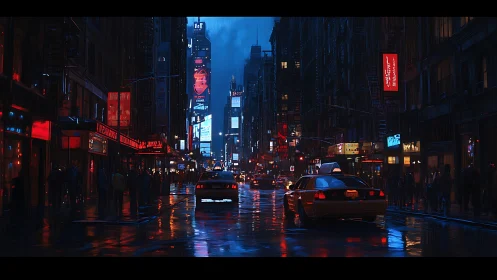Neon city street glows through midnight rainstorm reflections.