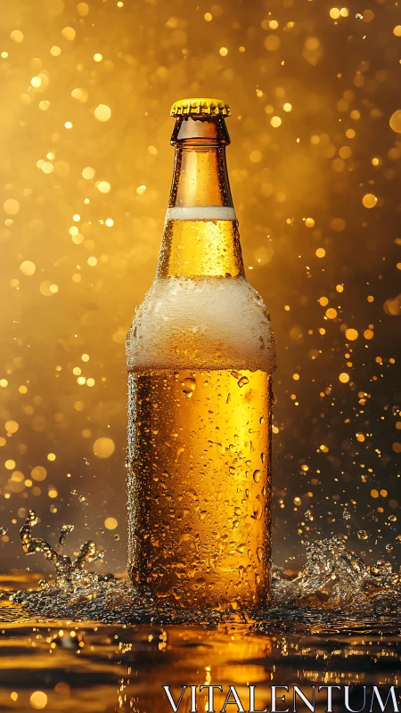 Golden beer bottle glows in sparkling celebratory splash