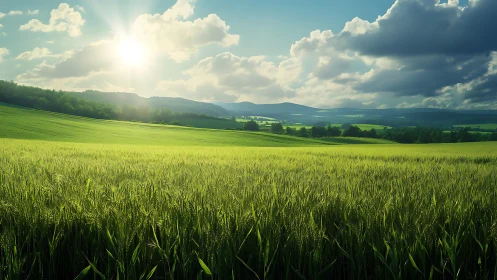 Photorealistic sunlit wheat plain with layered rural horizon.
