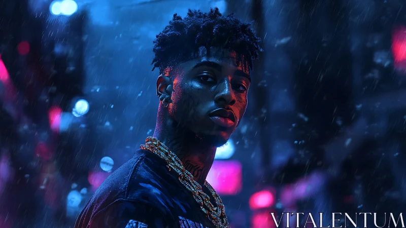 Neon-lit urban portrait isolates subject in cinematic blue contrast