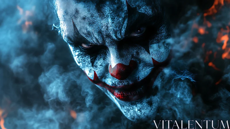 Sinister smoke-cloaked clown grinning through cold fire.