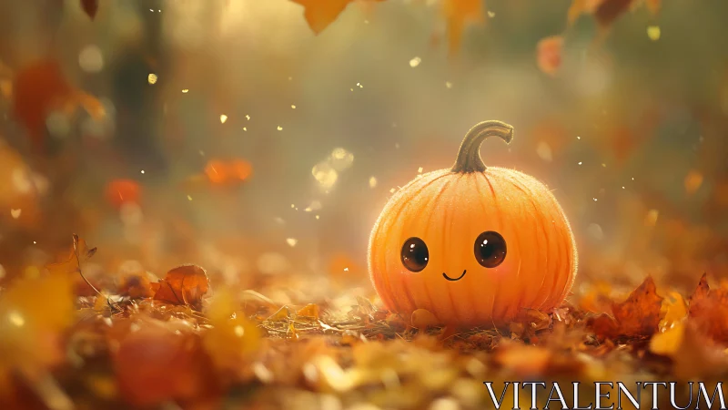 Cute glowing pumpkin character amid soft autumn leaves.