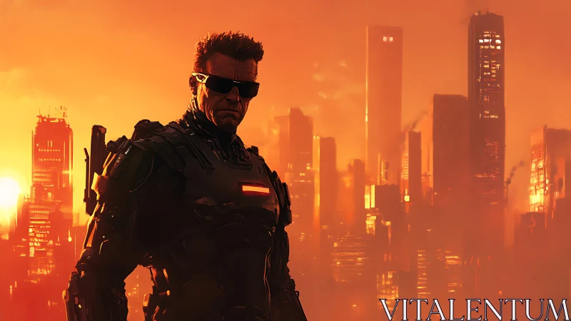 Armored cybernetic soldier faces neon city at burning sunset