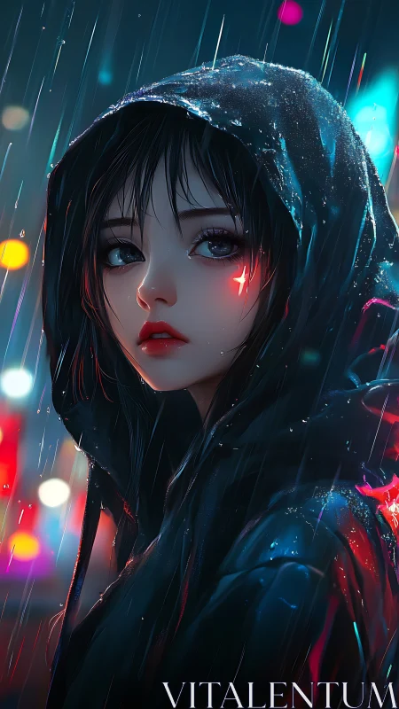Hooded anime girl stands in neon rain, lit by city glow.