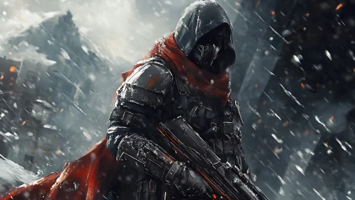 Hooded cyber soldier stalks frozen war-torn cityscape.
