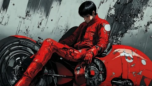 Cybernetic rider in red exosuit resting on degraded hoverbike.