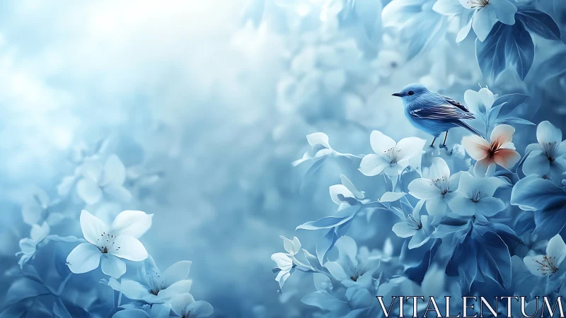 Iridescent blue songbird amid soft ethereal blossoms.