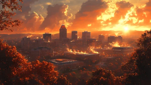 Glowing autumn city skyline welcomes a golden sunset glow