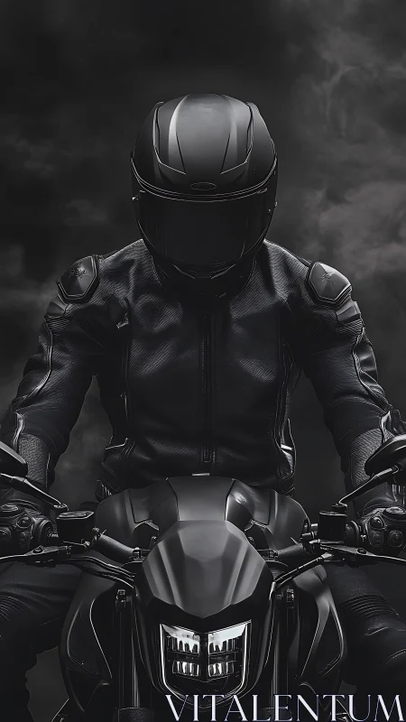 Armored motorcyclist on matte black street bike in noir lighting