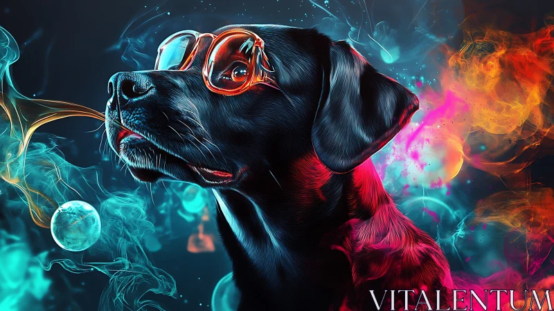 Black labrador with glasses amid neon smoke clouds.