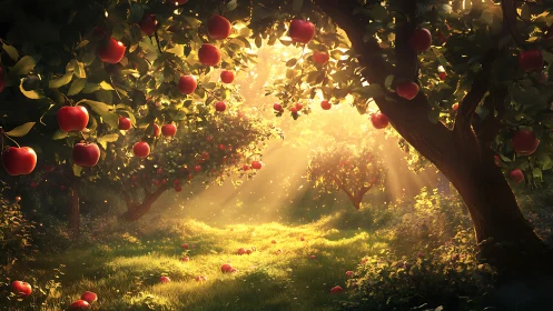 Golden backlit apple orchard renders atmospheric depth