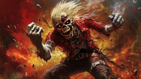 Flaming skeletal warrior lunging forward in fiery chaos.